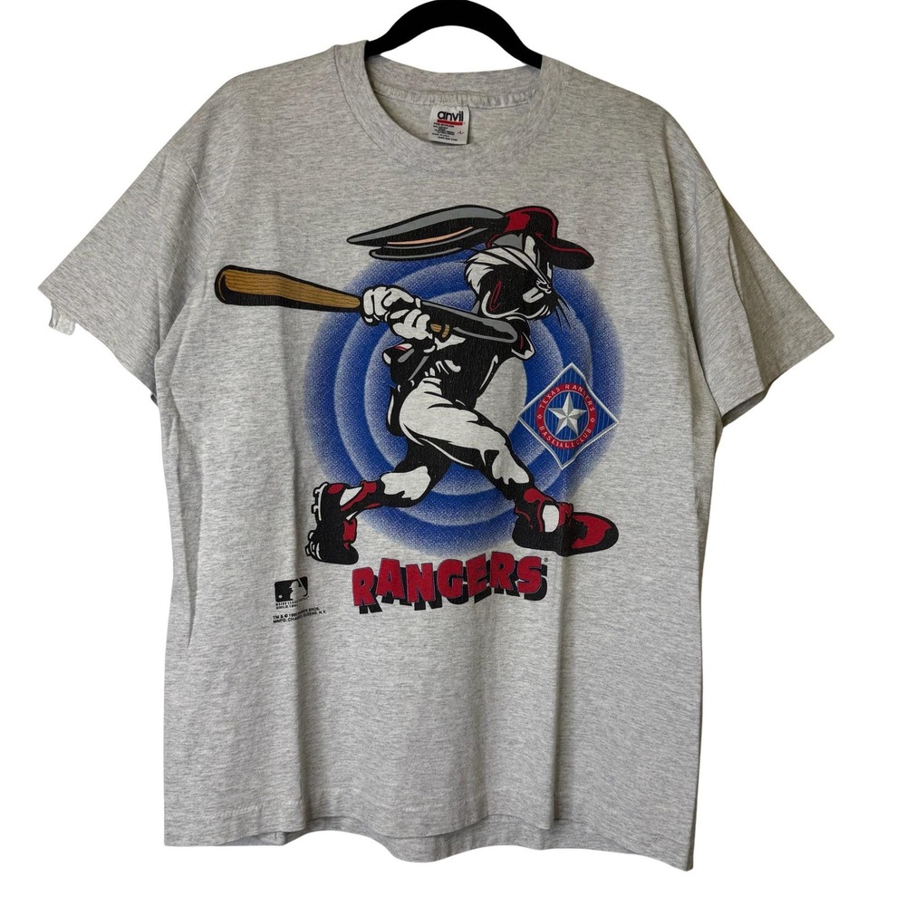 Vintage Texas Rangers T-Shirt Large White MLB Baseball Looney Tunes Bugs Bunny